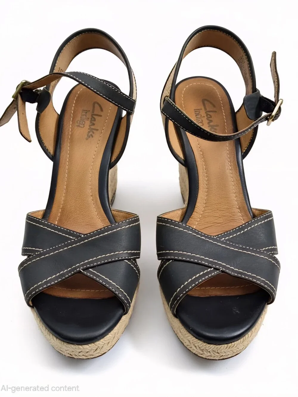 Clarks Black Leather Espadrille Wedge Sandals